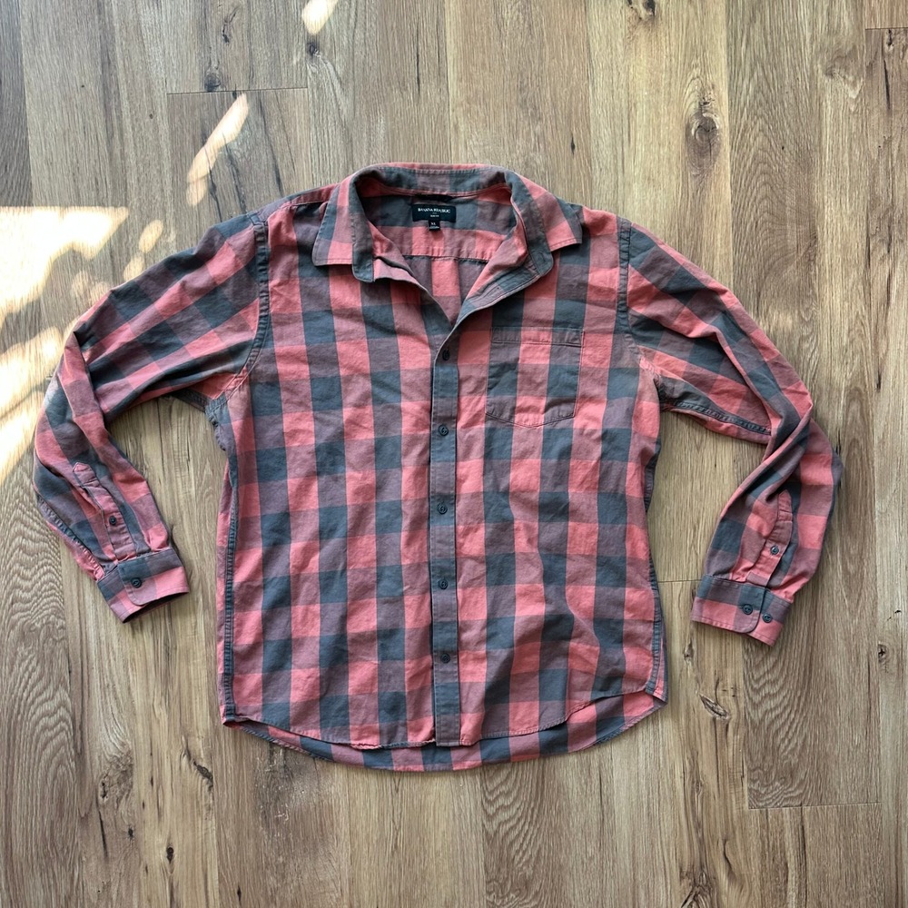 Banana Republic Mens Slim Fit Buffalo Plaid Button Down Shirt‎ XL Red Grey